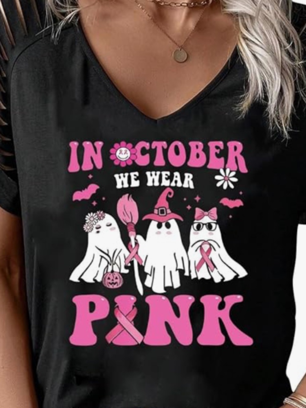 October We Wear Pink Women's Black Graphic Tee Show support with this black wome - Picture 2 of 2